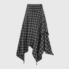 Women's Asymmetric Black Plaid Maxi Skirt Draped Hem