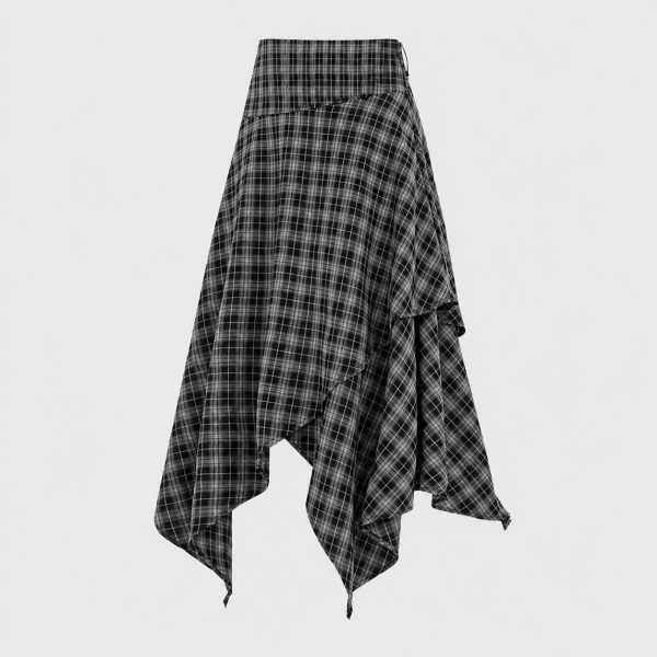 Women's Asymmetric Black Plaid Maxi Skirt Draped Hem