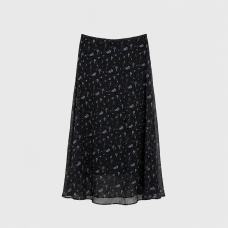 Women's Floral Black Midi Skirt Sheer Flow