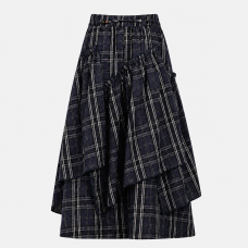 Women's Layered Navy Plaid Maxi Skirt Elegant Statement