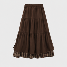 Women's Tiered Brown Maxi Skirt Plaid Hem