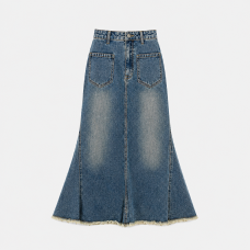 Women's Vintage Blue Denim Maxi Skirt Frayed Hem Style